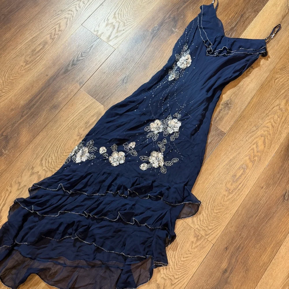 Vintage Y2K 100% Silk Beaded Dress Blue Floral Beaded Fairy Ruffle Prom Dress - Picture 3 of 16